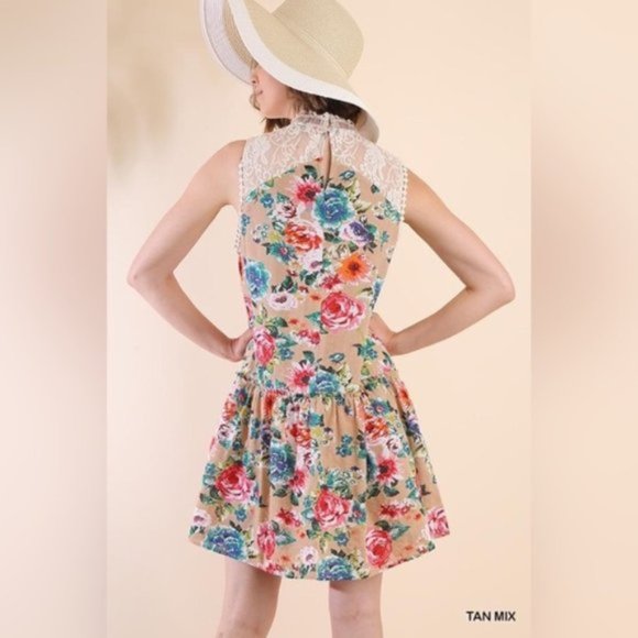 Umgee | Sleeveless Floral Print High Neck Dress Crochet Yoke Ruffle Hem Brunch - Picture 10 of 15